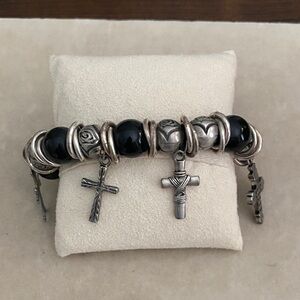Brighton Silver and Black Beaded Cross Bracelet
